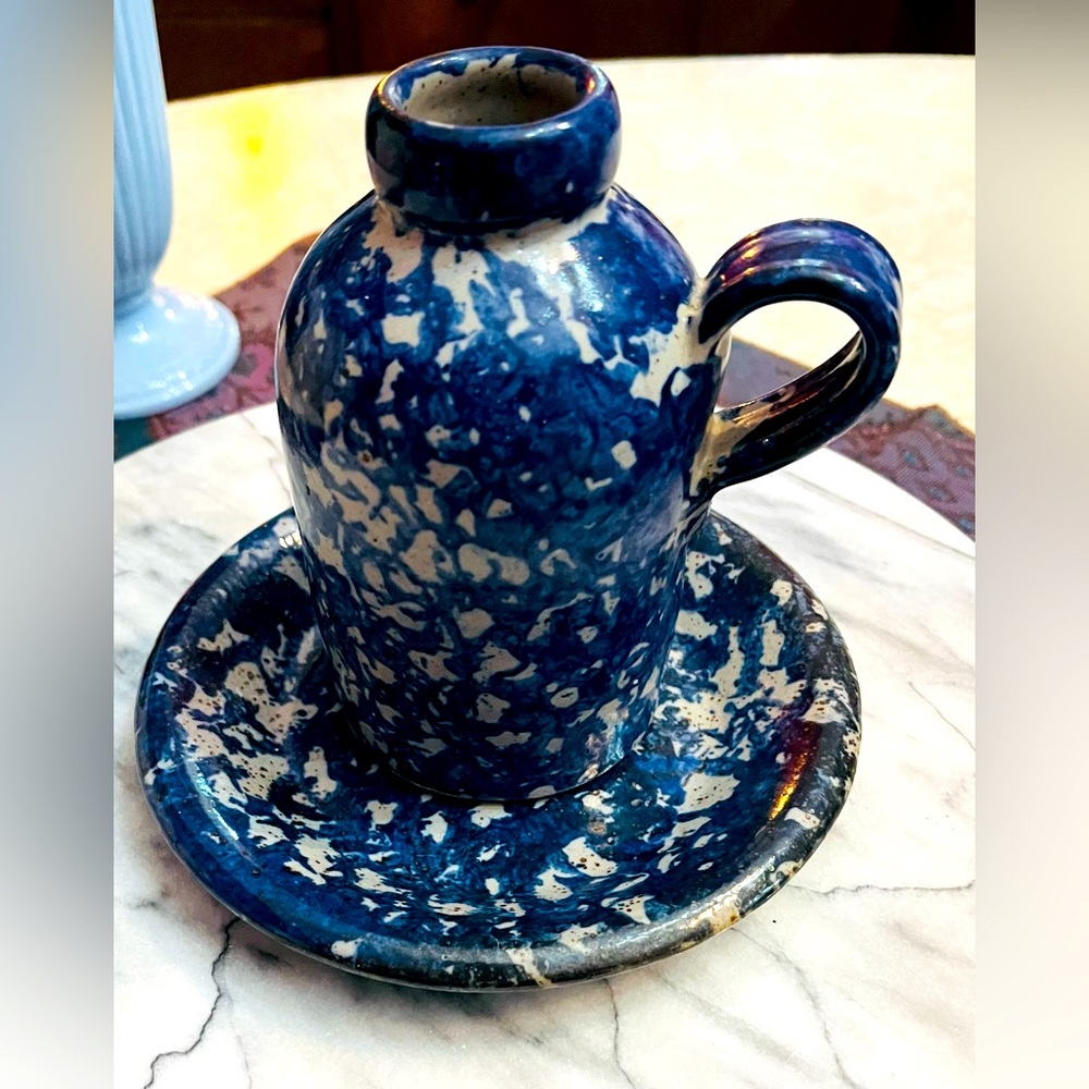 Bastine Pottery Blue Spongeware Crock Jug (2001) & Plate (1991) Noblesville IN